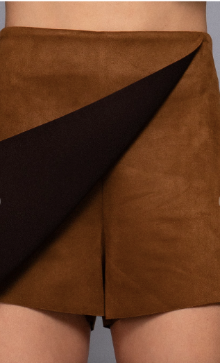 Camel Brown Front Wrap Faux Suede Short Pants