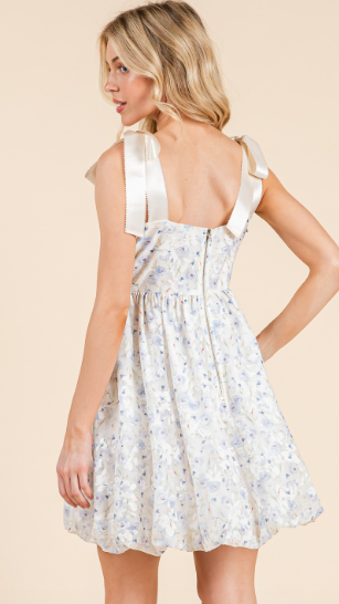 Floral Bubble Skirt Mini Dress with Ribbon Straps