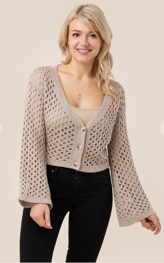 Mesh Knit Hole Beige Cardigan Sweater