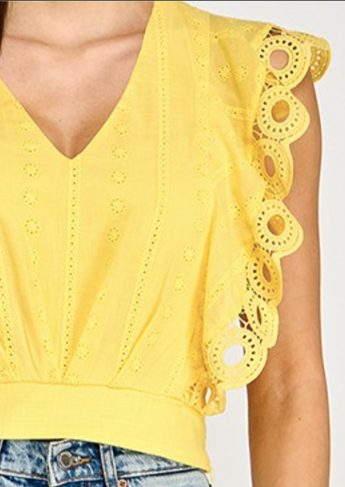 Yellow Eyelet Detail Ruffle Sleeve Top