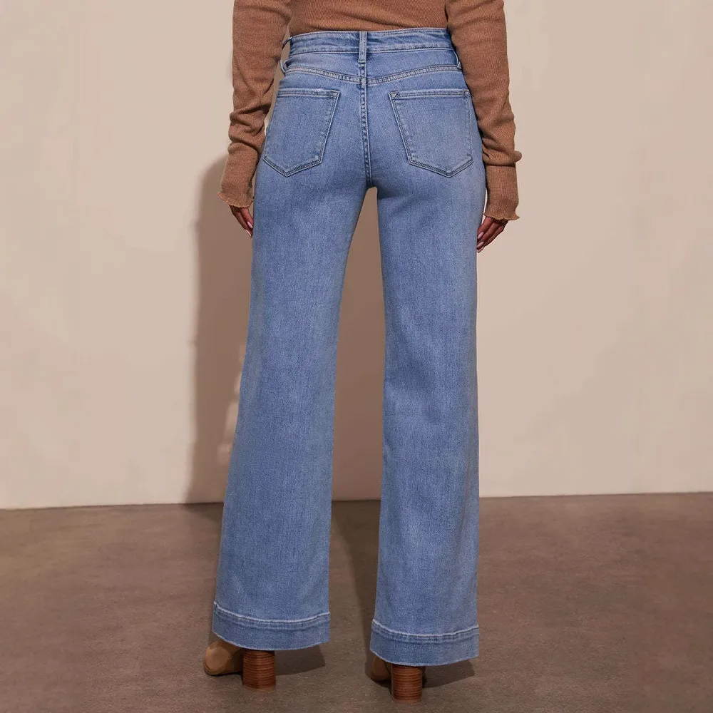 Light Wash Front Pocket Stretch Palazzo Denim Jeans