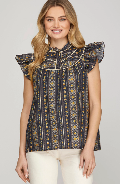 Navy Blue Ruffled Collar Sleeve Blouse