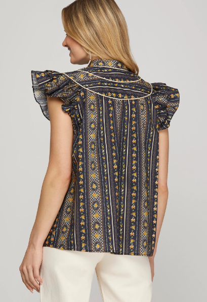 Navy Blue Ruffled Collar Sleeve Blouse