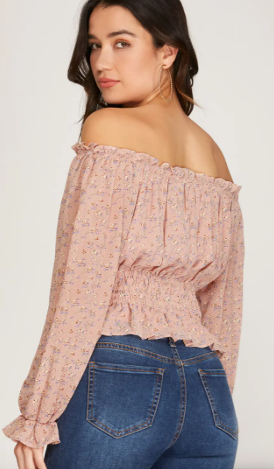 Long Sleeve Off the Shoulder Blush Floral Print Top