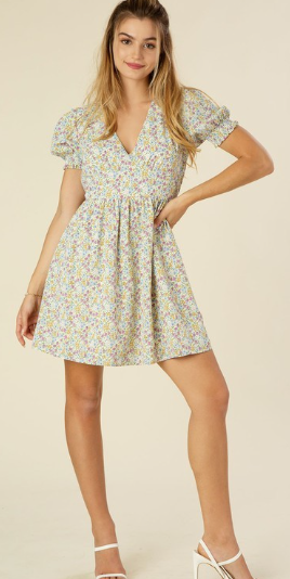 Floral Puff Sleeve V Neck Dress