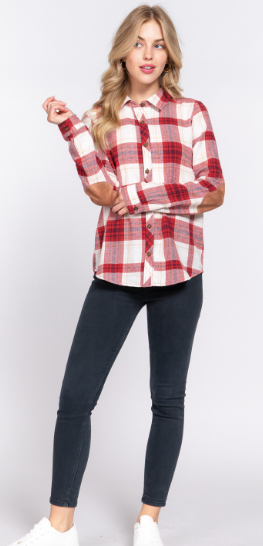 Ivory & Red Long Sleeve Flannel with faux Suede Patch Button Down Plaid Shirt