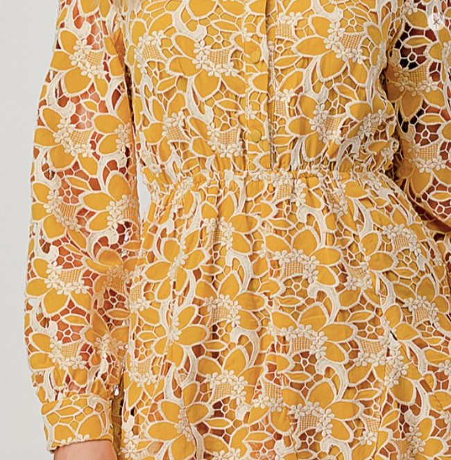 Baked Yellow Floral Pattern Eyelet Laced Mini Dress