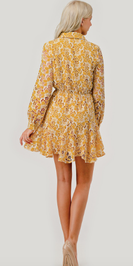 Baked Yellow Floral Pattern Eyelet Laced Mini Dress