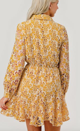 Baked Yellow Floral Pattern Eyelet Laced Mini Dress