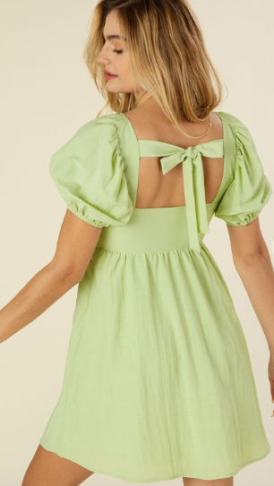Tie Back Square Neck Puff Sleeve Green Mini Dress