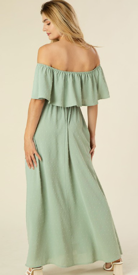 Swiss Dot Jade off the Shoulder Maxi Dress