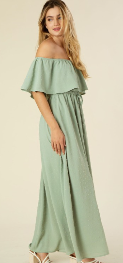 Swiss Dot Jade off the Shoulder Maxi Dress
