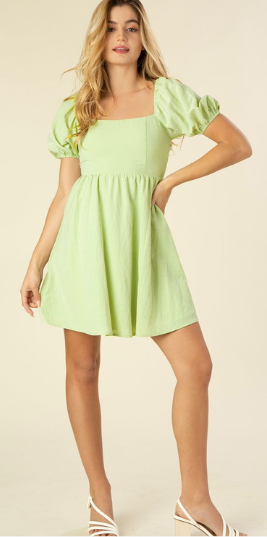 Tie Back Square Neck Puff Sleeve Green Mini Dress