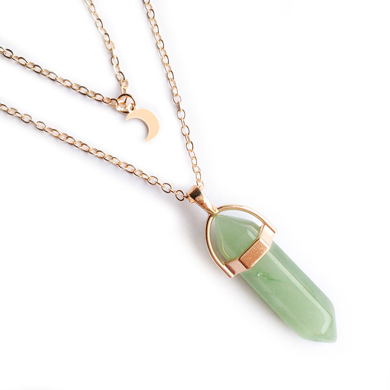 14" Double Chain Choker Necklace w/ Moon and Jade Color Stone