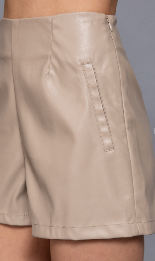Beige High Waist Vegan Faux Leather Shorts