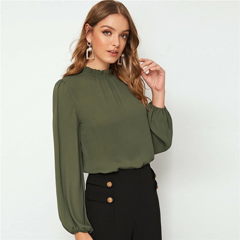 Long Olive Green Ruffle Sleeve and Neck Top