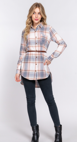 Ivory and Blue Long Sleeve Flannel Notched Collar Plaid Tunic Shirt with Belt