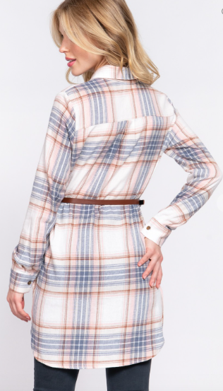 Ivory and Blue Long Sleeve Flannel Notched Collar Plaid Tunic Shirt with Belt