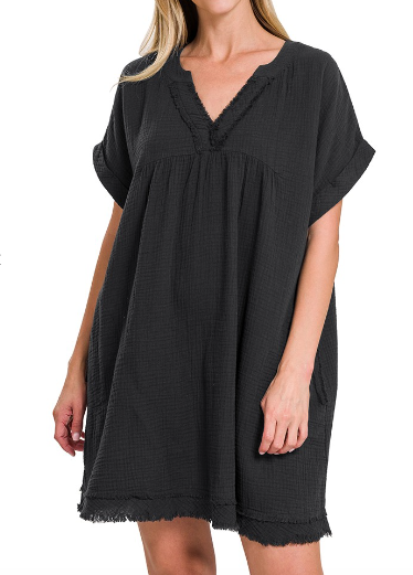 Zenana Black Double Gauze Raw Edge V-neck Maggie Dress