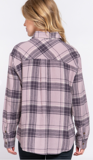 Pink and Black Long Sleeve Button Down Flannel Plaid Shirt