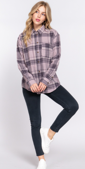 Pink and Black Long Sleeve Button Down Flannel Plaid Shirt