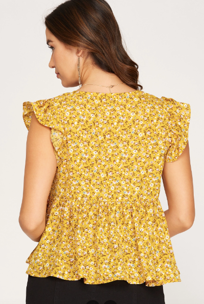 Floral Yellow Flutter Sleeve Bow Peplum Top