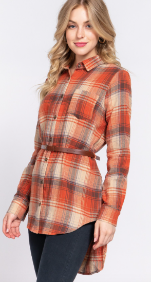 Orange and Brown Flannel Long Sleeve Notched Collar Plaid Tunic Shirt with Belt