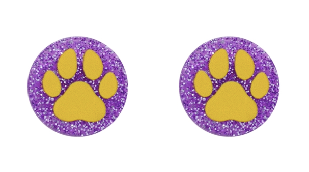 1/2" Small Tigers Purple & Gold Paw Print Circle Stud Post Earrings