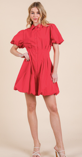 Red Button Up Mini Bubble Dress