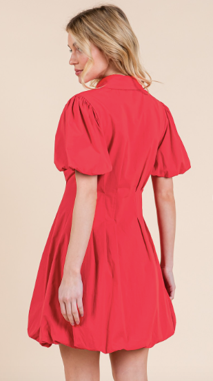 Red Button Up Mini Bubble Dress