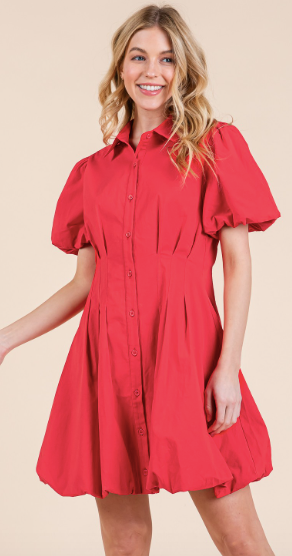 Red Button Up Mini Bubble Dress