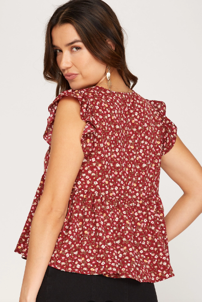 Floral Garnet Red Flutter Sleeve Bow Peplum Top