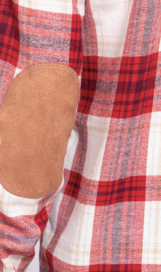 Ivory & Red Long Sleeve Flannel with faux Suede Patch Button Down Plaid Shirt