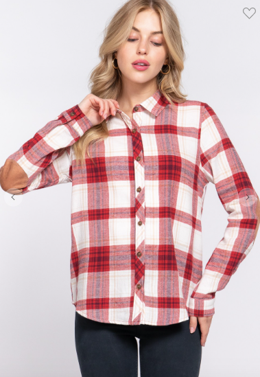 Ivory & Red Long Sleeve Flannel with faux Suede Patch Button Down Plaid Shirt