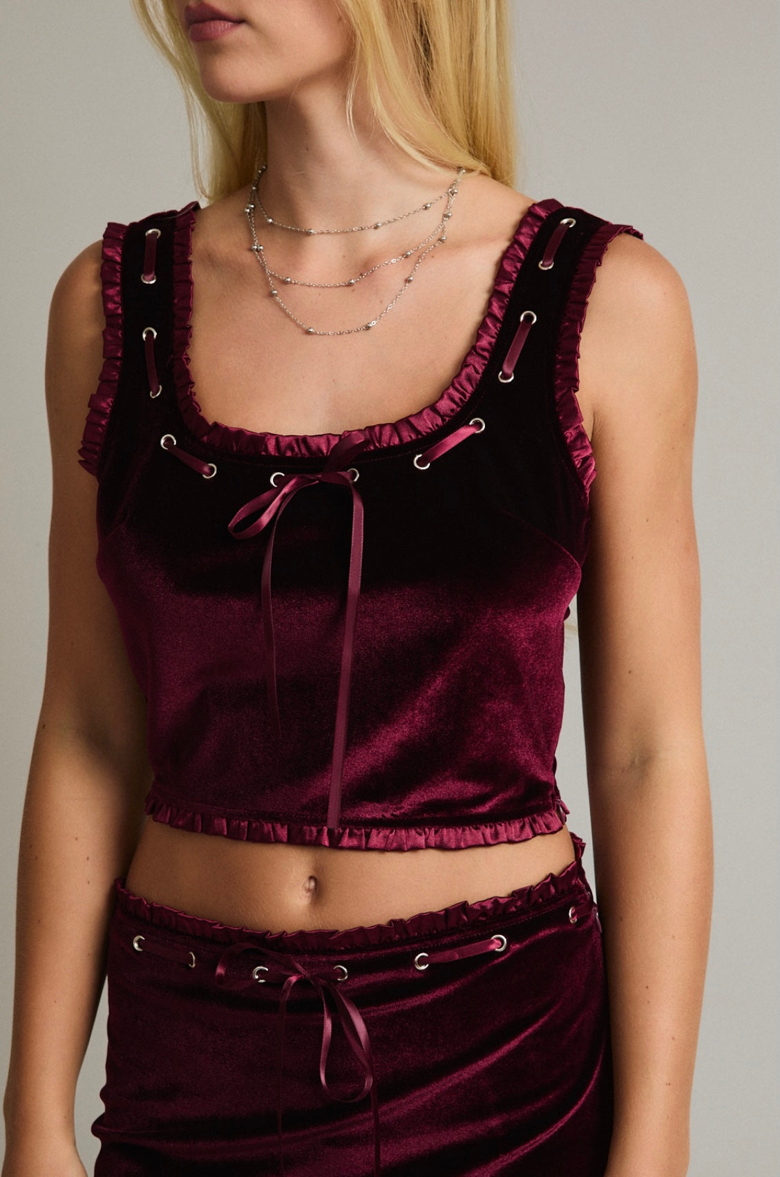 Deep Red Velvet Ribbon Trim Mini Skirt and Crop Set