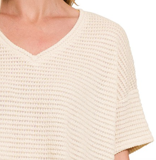 Sand Beige Short Sleeve Jacquard Sweater