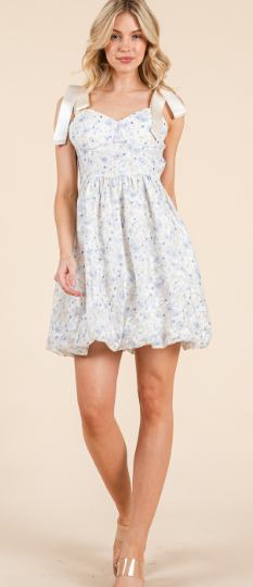 Floral Bubble Skirt Mini Dress with Ribbon Straps