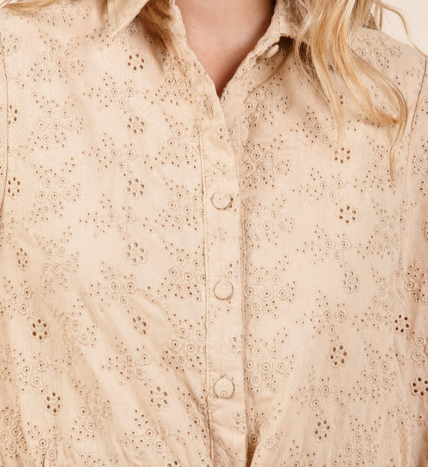 Long Sleeve Khaki Eyelet Embroidered Shirt Mini Dress