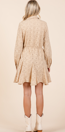 Long Sleeve Khaki Eyelet Embroidered Shirt Mini Dress
