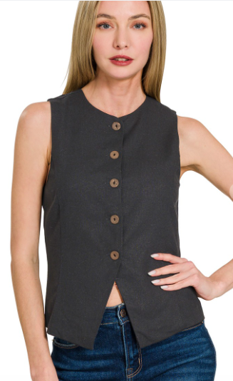 Black Linen 5 Button Vest