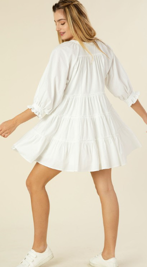 Tiered White Mini Dress with Tassels