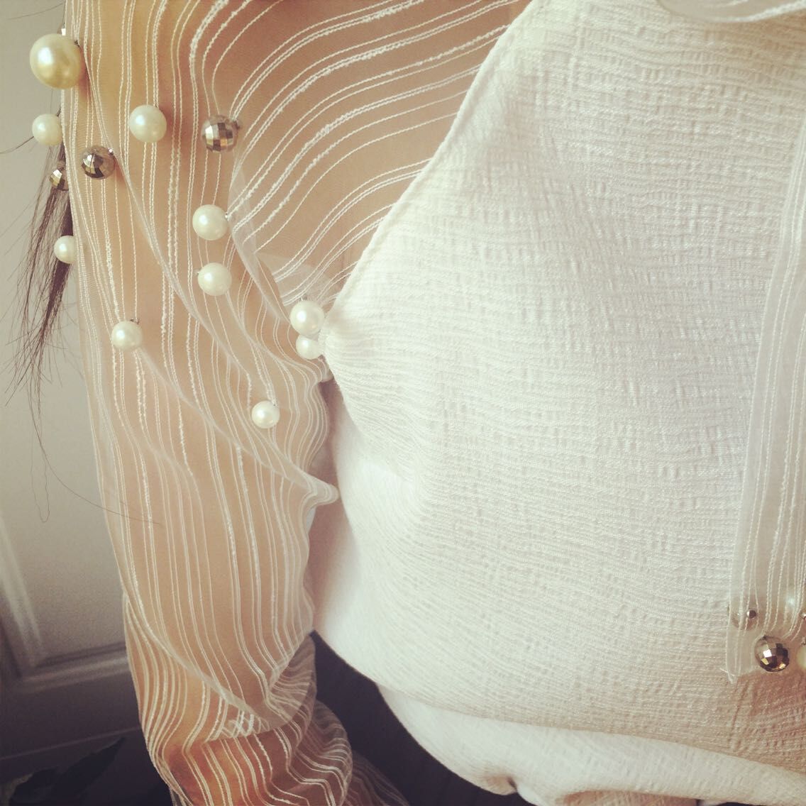 Sheer Pearl Bow Long Sleeve Top