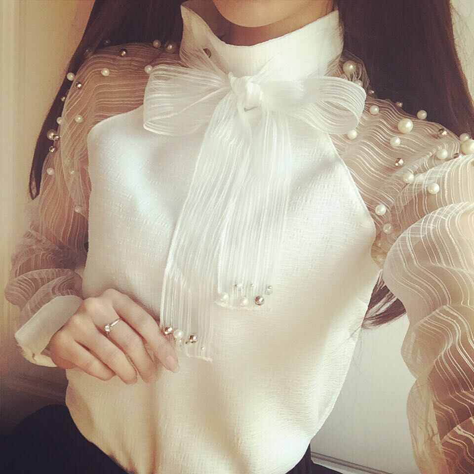 Sheer Pearl Bow Long Sleeve Top