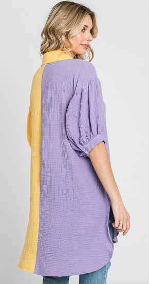 Purple and Yellow Color Block Puff Sleeve Button Shirt Dress Tunic