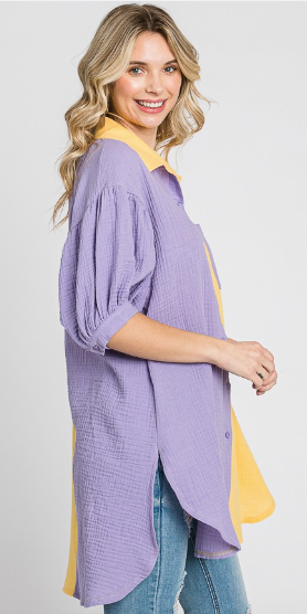 Purple and Yellow Color Block Puff Sleeve Button Shirt Dress Tunic