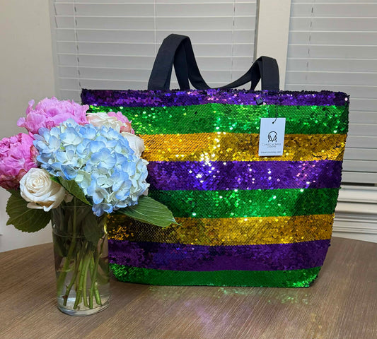 Large Purple Green & Gold Mardi Gras Striped Sequin Tote Bag with Zipper encloser
