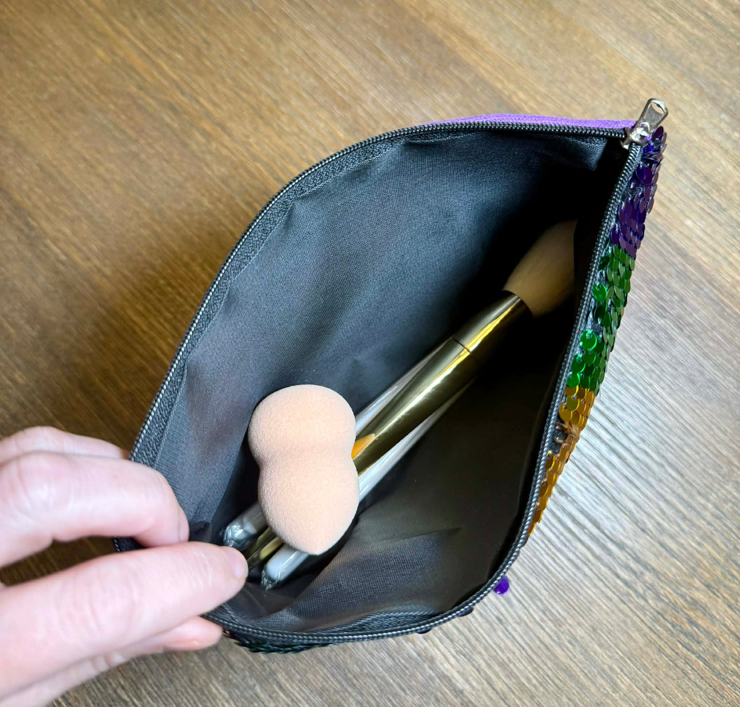 Purple Green and Gold lined Stripe Sequin Mardi Gras Make up Bag