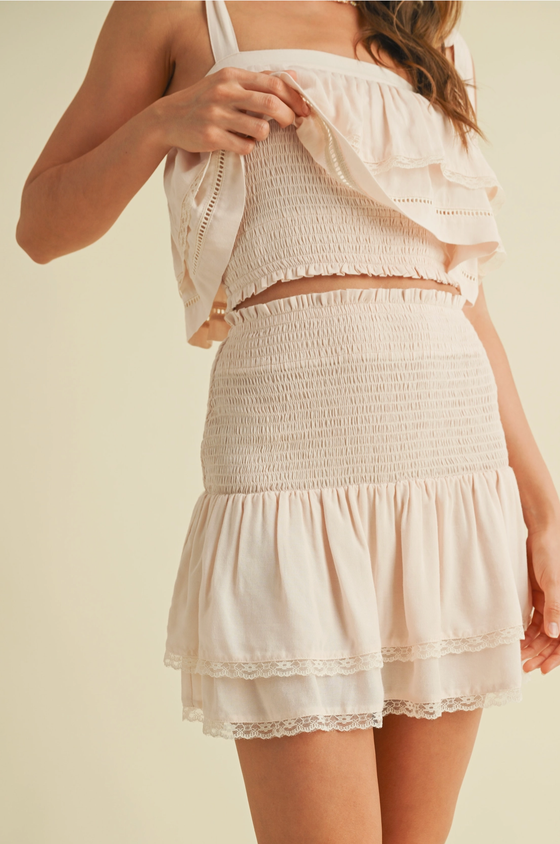 Blush Lace Insert Smocking Skirt and Crop Top Two Piece Set