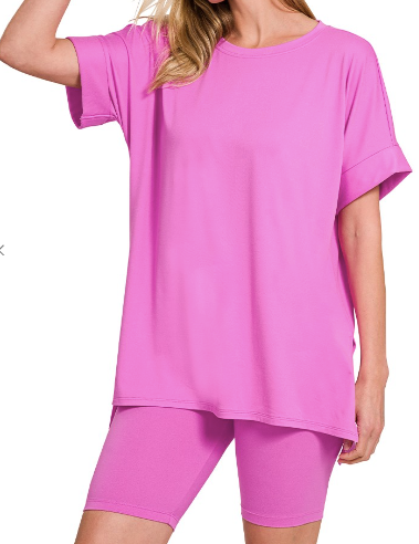 Soft Microfiber Pink Top & Biker Shorts Set