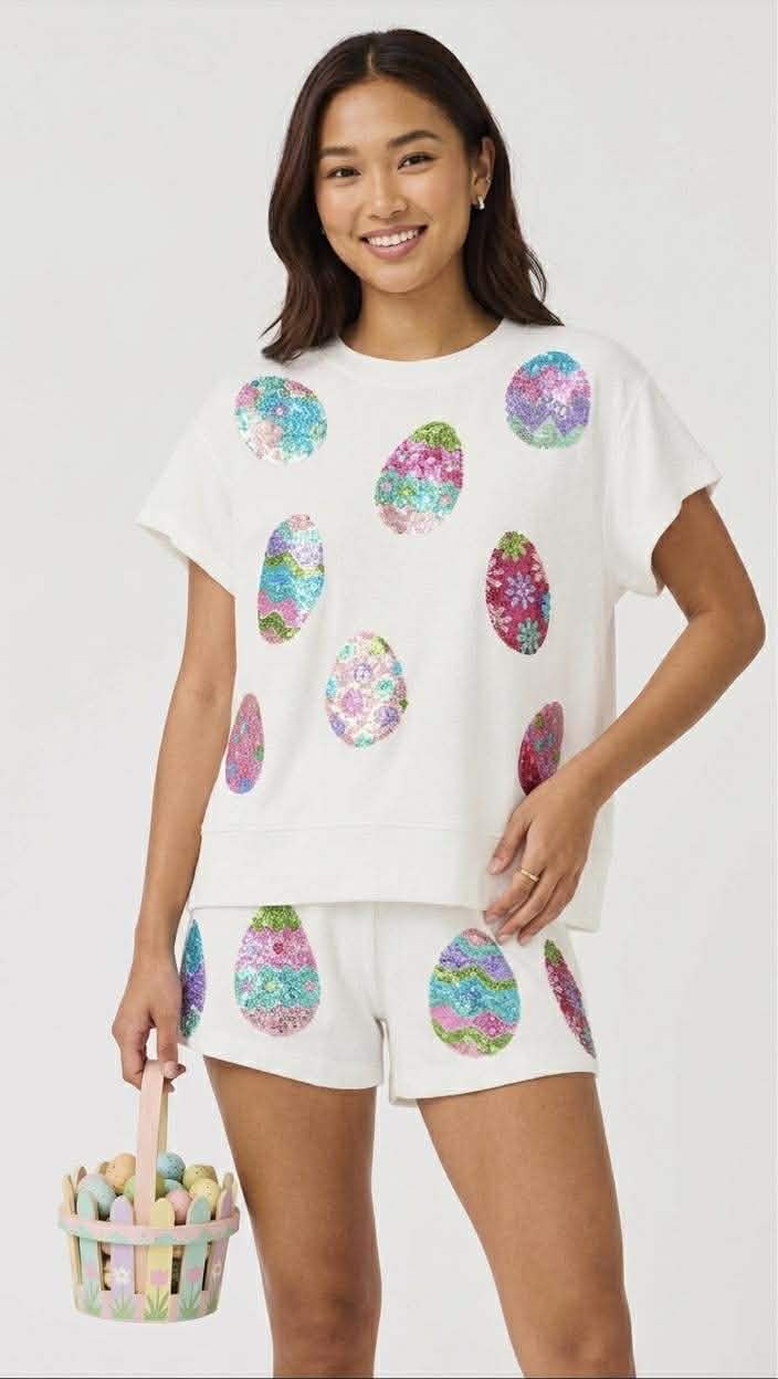 White Sequin Easter Egg Top and Bottom Set